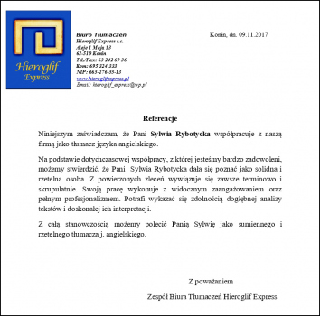 Referencje Hieroglif Sylwia Rybotycka